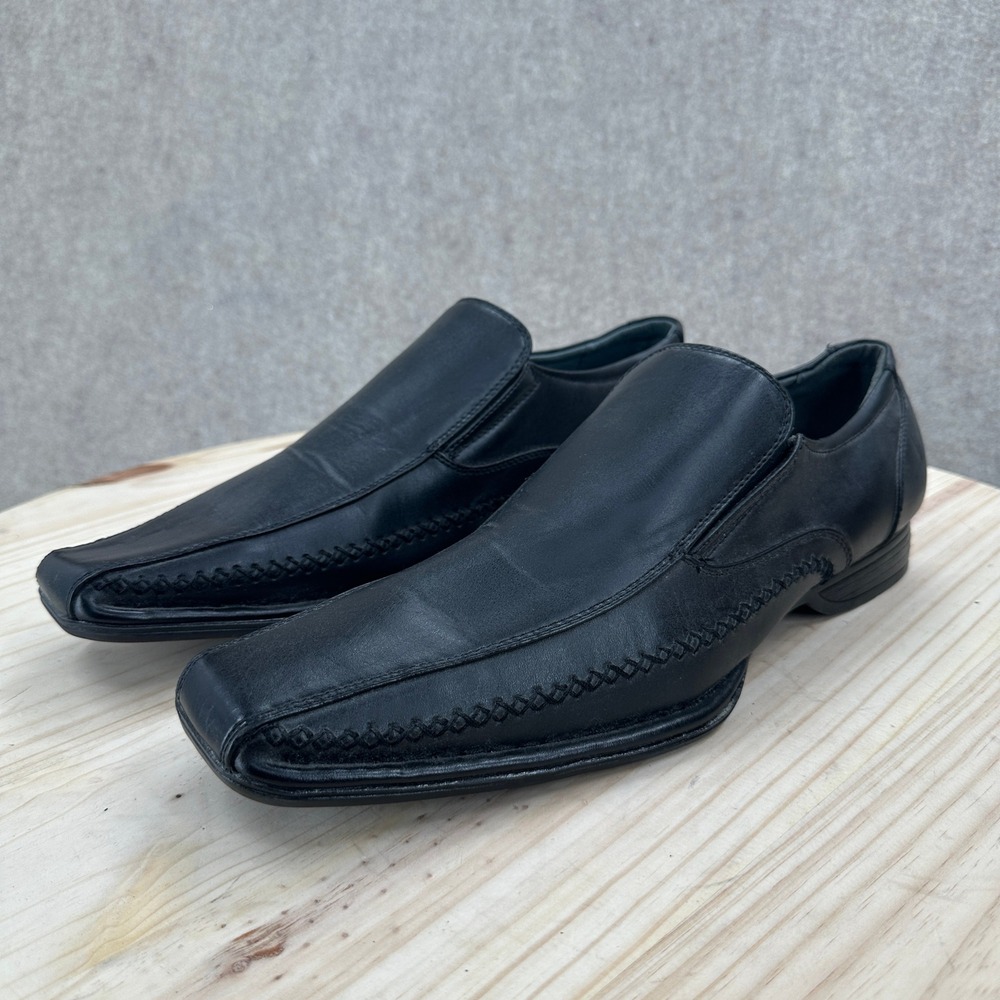 Madden Mens Black Leather Square Toe Slip On Loafers Braided Dress Shoes 11.5